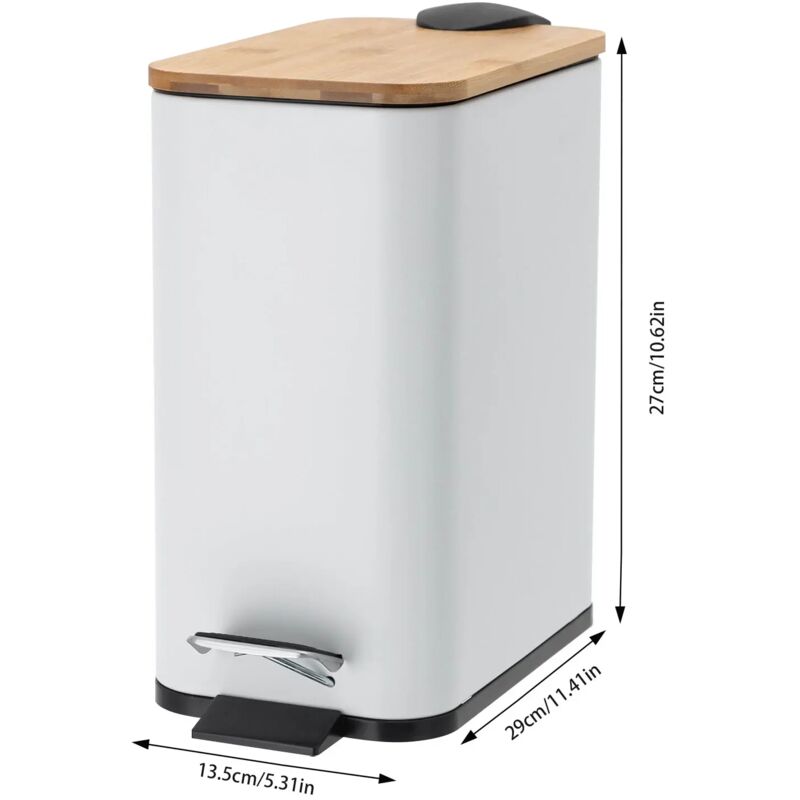 Poubelle de 5 l - Petite poubelle rectangulaire en métal - Avec couvercle en bambou - Interrupteur à pied - Design portable - Pour cuisine, salle de bain ou bureau