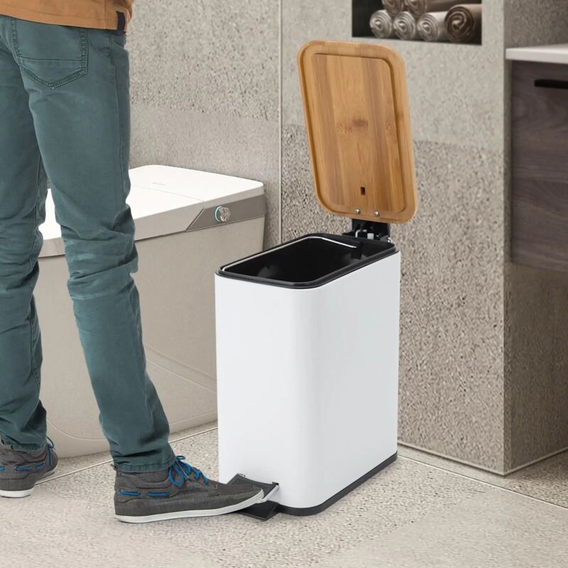 Poubelle de 5 l - Petite poubelle rectangulaire en métal - Avec couvercle en bambou - Interrupteur à pied - Design portable - Pour cuisine, salle de bain ou bureau
