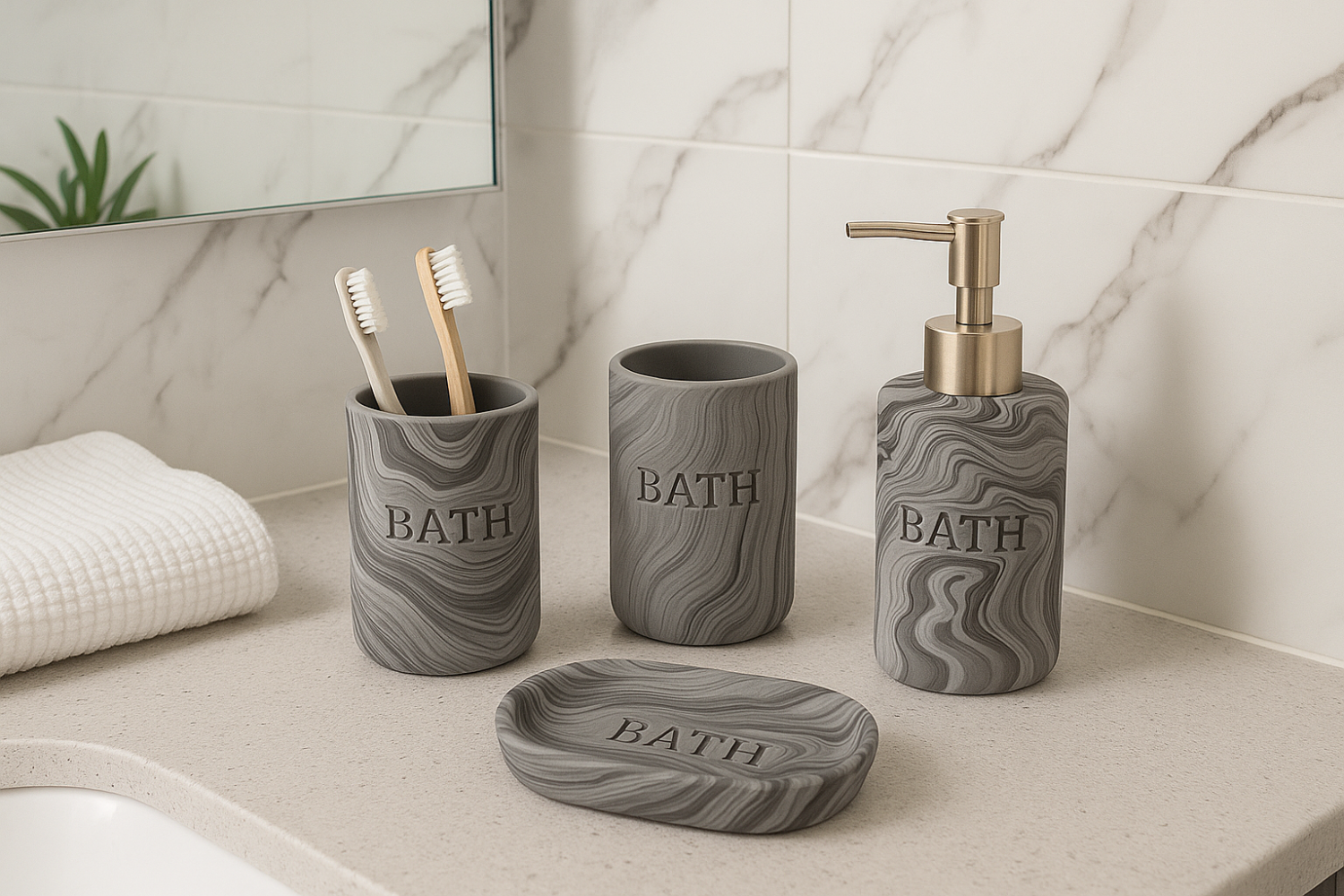 Pack complet salle de bain marbrée en Résine 4pcs