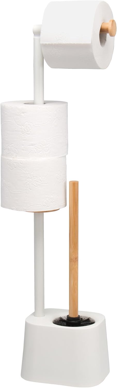 Set de Toilette bremermann 3 en 1 avec Porte-Rouleau, Brosse de Toilette et Porte-Rouleau de Rechange | Acier Inoxydable, avec 2 têtes de Brosse de Rechange (Blanc, Bambou)