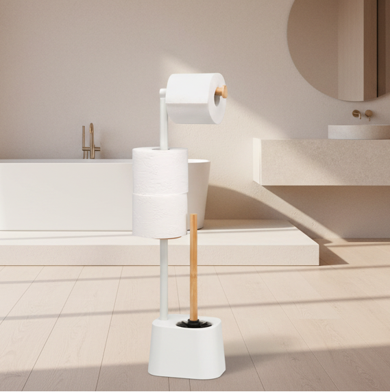 Set de Toilette bremermann 3 en 1 avec Porte-Rouleau, Brosse de Toilette et Porte-Rouleau de Rechange | Acier Inoxydable, avec 2 têtes de Brosse de Rechange (Blanc, Bambou)