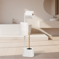 Set de Toilette bremermann 3 en 1 avec Porte-Rouleau, Brosse de Toilette et Porte-Rouleau de Rechange | Acier Inoxydable, avec 2 têtes de Brosse de Rechange (Blanc, Bambou)