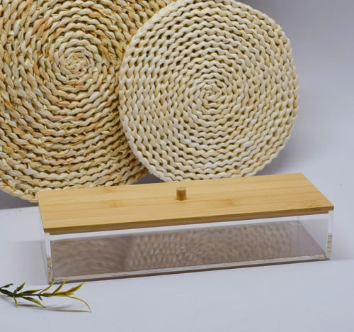 Boite de rangement en plexi avec couvercle en bambou