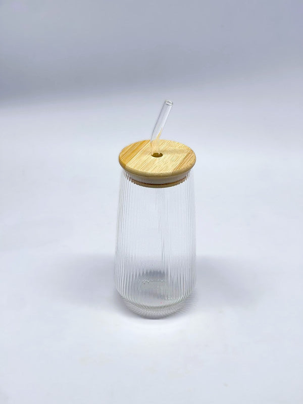 Tasse en verre élégante avec paille en verre et couvercle en bambou