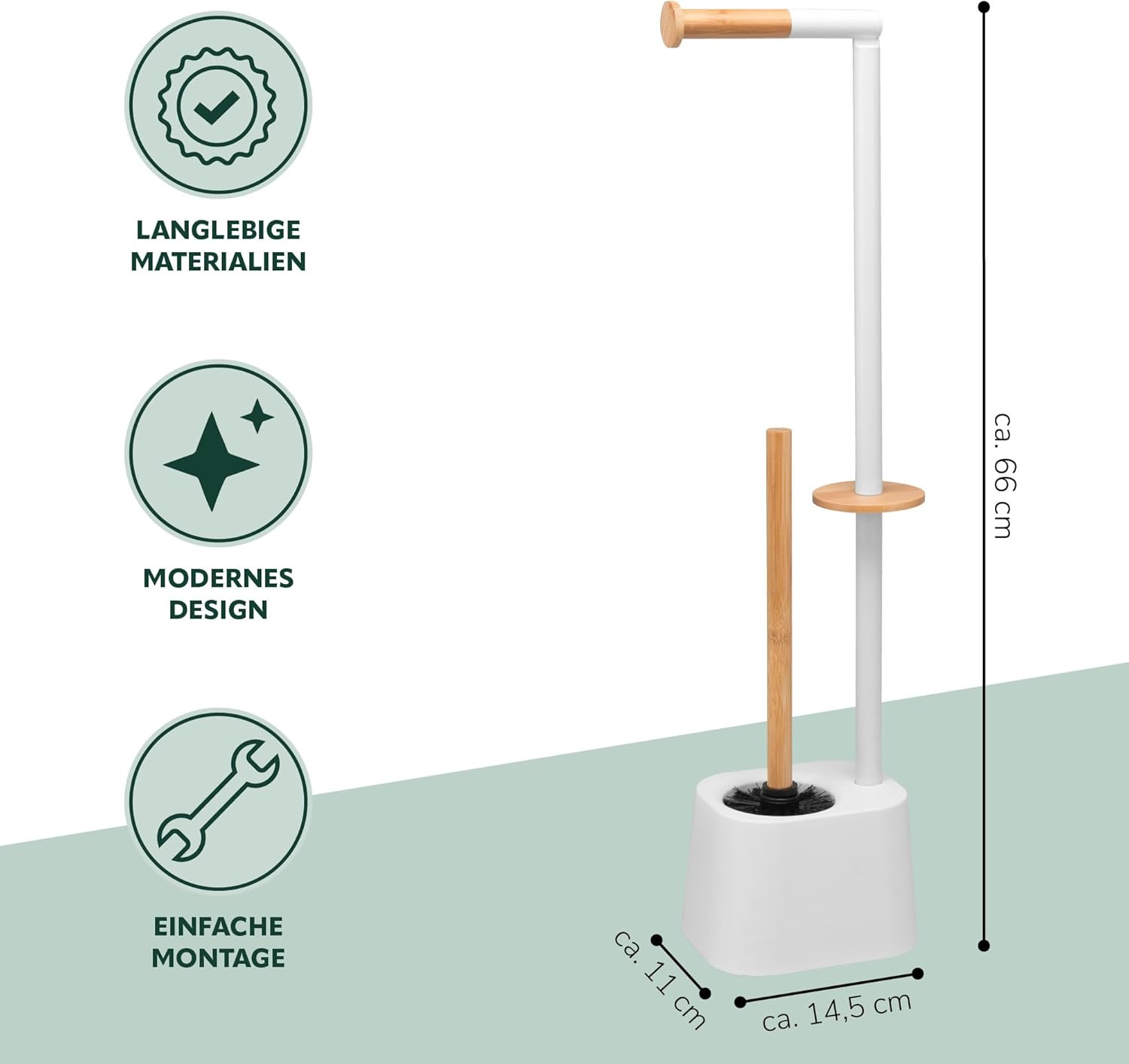 Set de Toilette bremermann 3 en 1 avec Porte-Rouleau, Brosse de Toilette et Porte-Rouleau de Rechange | Acier Inoxydable, avec 2 têtes de Brosse de Rechange (Blanc, Bambou)