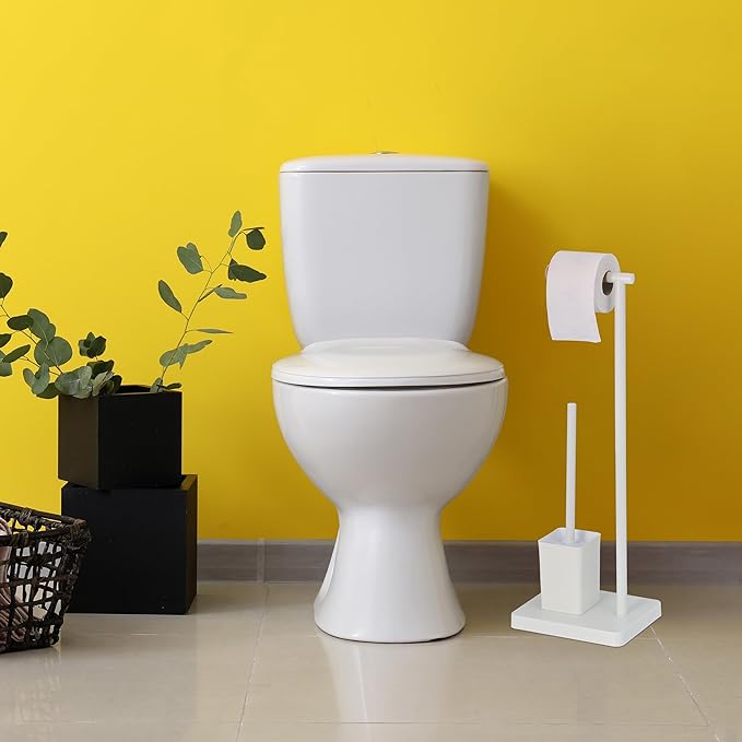 Set de Toilette bremermann 3 en 1 avec Porte-Rouleau, Brosse de Toilette et Porte-Rouleau de Rechange | Acier Inoxydable, avec 2 têtes de Brosse de Rechange (Blanc, Bambou)