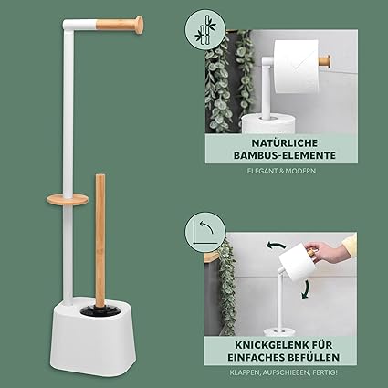Set de Toilette bremermann 3 en 1 avec Porte-Rouleau, Brosse de Toilette et Porte-Rouleau de Rechange | Acier Inoxydable, avec 2 têtes de Brosse de Rechange (Blanc, Bambou)