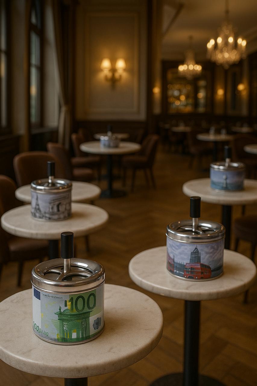 🔹 Cendriers design en métal avec motifs billets € et monuments iconiques 🌍