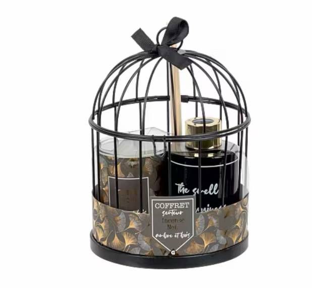Coffret Cage en métal décor Jungle avec Flacon Diffuseur et Bougie Lola