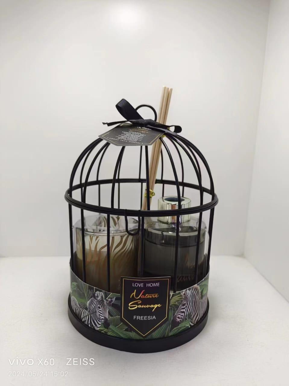 Coffret Cage en métal décor Jungle avec Flacon Diffuseur et Bougie Lola