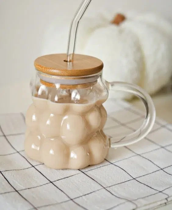 Tasse bubble avec couvercle et paille en verre