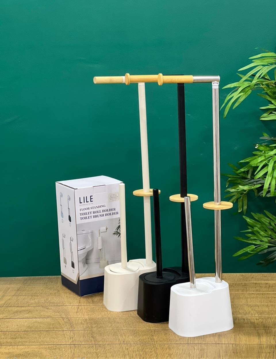 Set de Toilette bremermann 3 en 1 avec Porte-Rouleau, Brosse de Toilette et Porte-Rouleau de Rechange | Acier Inoxydable, avec 2 têtes de Brosse de Rechange (Blanc, Bambou)