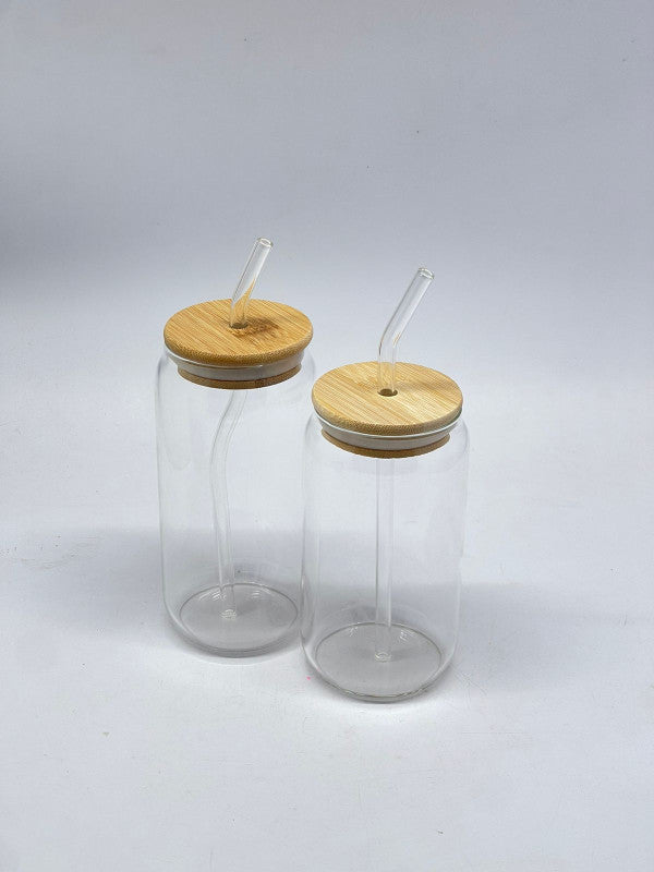 Tasse canette avec paille en verre et couvercle en bambou