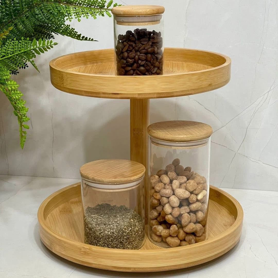 Plateau en 2 étages rotatif en bambou Multifonctions